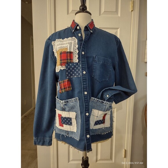 Custom H&M Navy Blue Shirt Patchwork Plaid Refashioned Boho Shacket - Picture 1 of 10